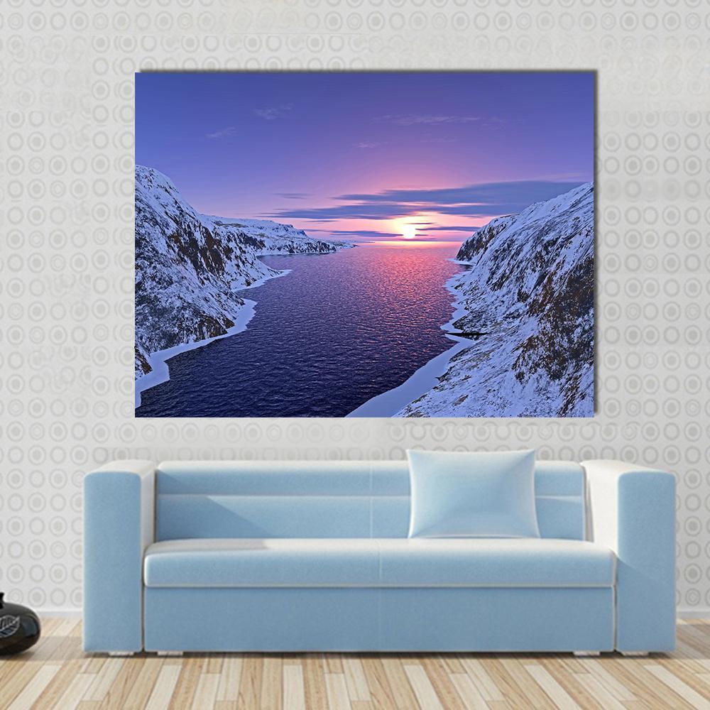 River Among Snow Bound Mountains at Sunset Canvas Wall Art in white, blue and purple, single panel hung on a wall