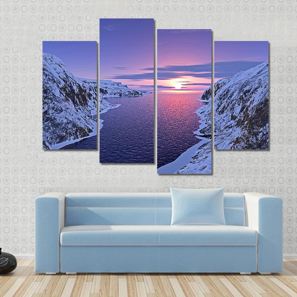 River Among Snow Bound Mountains On Sunset Canvas Wall Art-4 Pop-Gallery Wrap-50" x 32"-Tiaracle