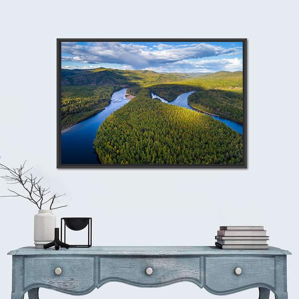 River And Forest Canvas Wall Art-1 Piece-Floating Frame-24" x 16"-Tiaracle