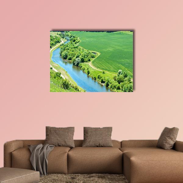 Winding Blue River in Green Field Canvas Wall Art in green and blue, single panel hung on a wall