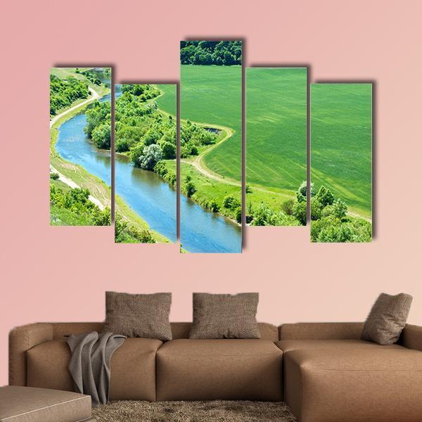 Green Wheat Field With Canal Canvas Wall Art-5 Pop-Gallery Wrap-47" x 32"-Tiaracle