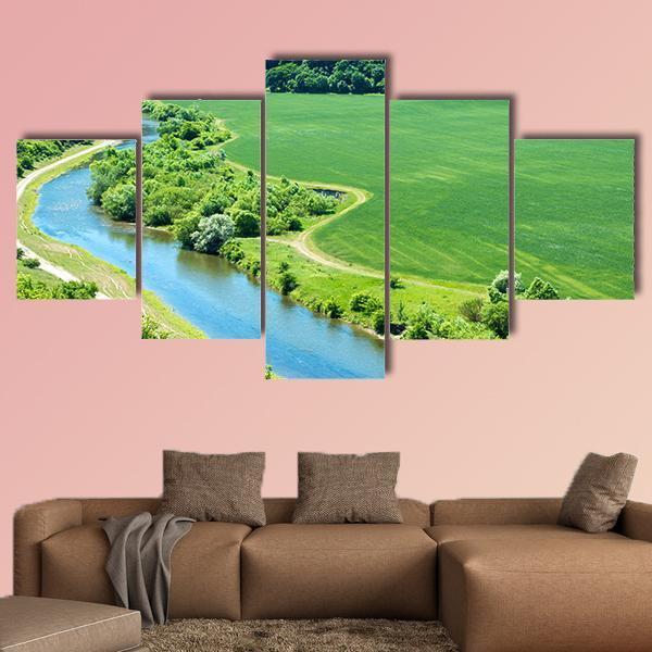 Green Wheat Field With Canal Canvas Wall Art-5 Star-Gallery Wrap-62" x 32"-Tiaracle