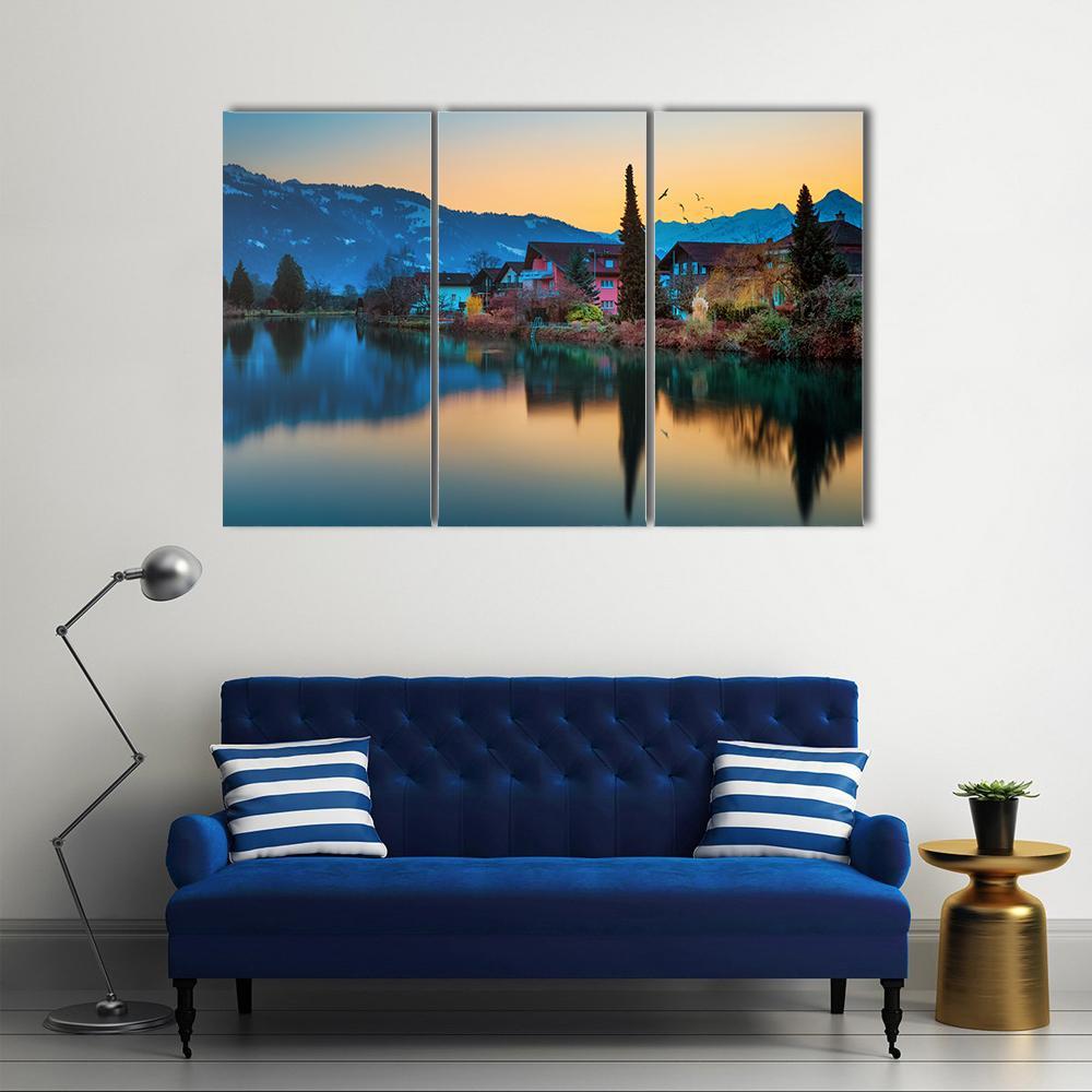 River And House To Interlaken Canvas Wall Art-3 Horizontal-Gallery Wrap-37" x 24"-Tiaracle