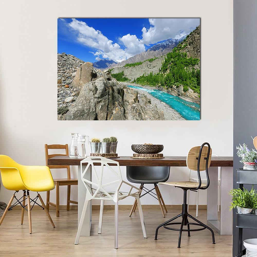 Turquoise River at Hunza Valley, Pakistan Canvas Wall Art in gray, green and blue, single panel hung on a wall
