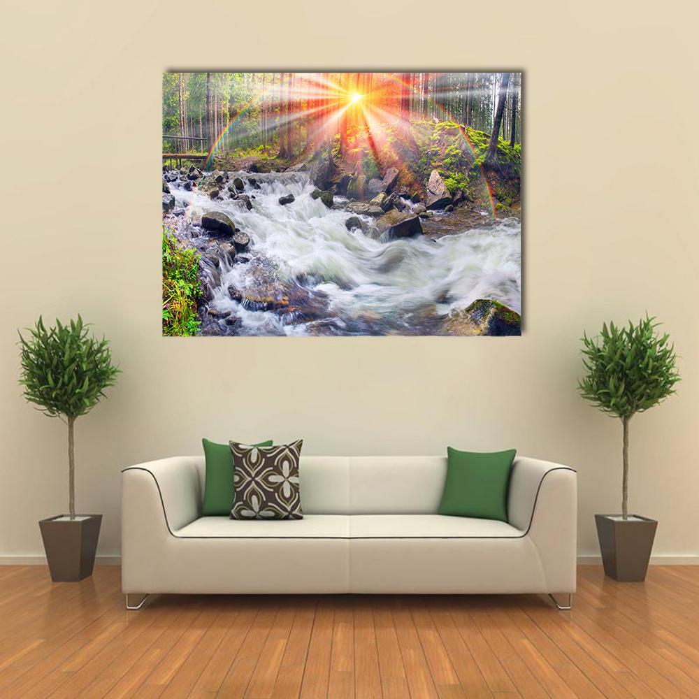 River At Sunrise In The Carpathian Forest Canvas Wall Art-1 Piece-Gallery Wrap-36" x 24"-Tiaracle