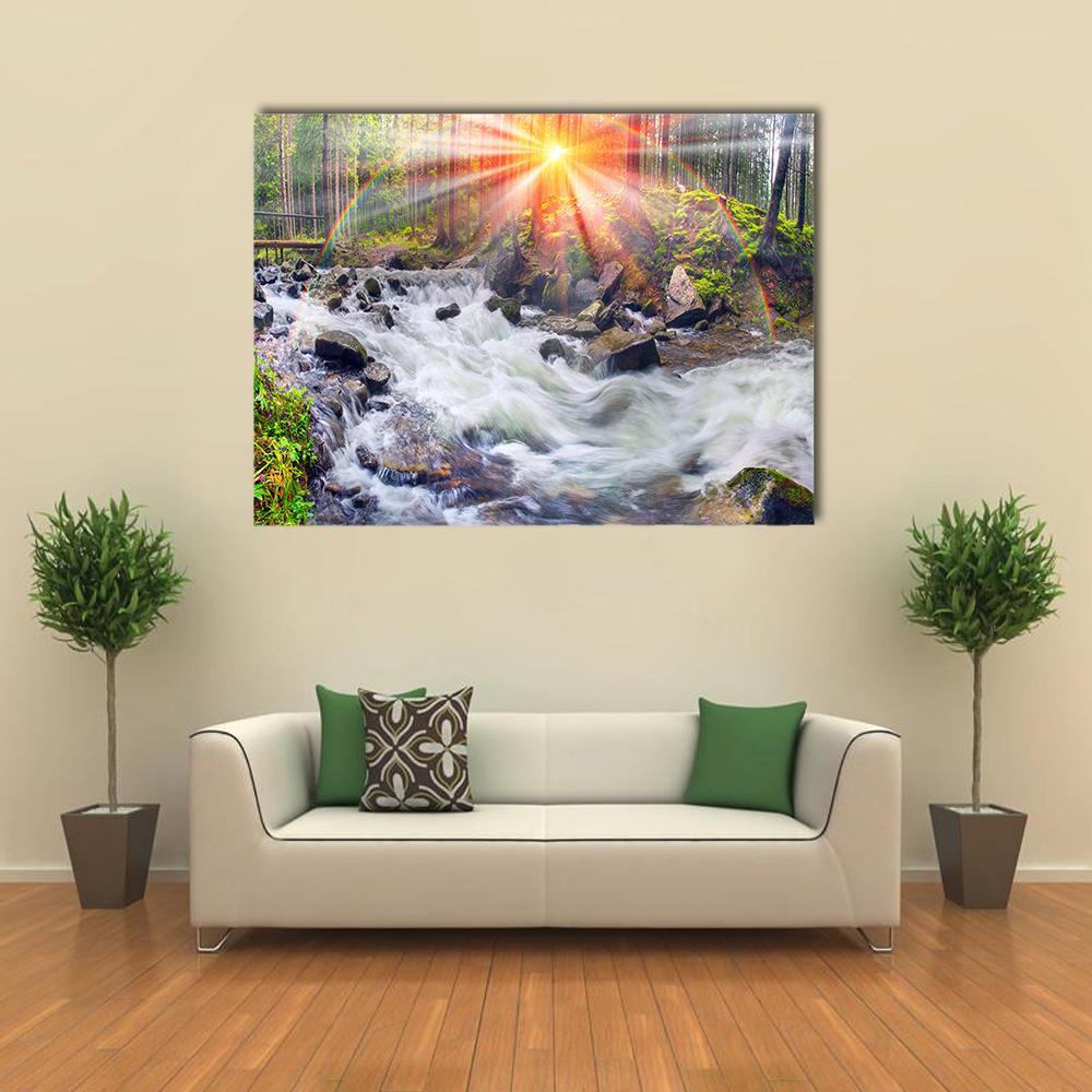 River At Sunrise In The Carpathian Forest Canvas Wall Art-4 Horizontal-Gallery Wrap-34" x 24"-Tiaracle