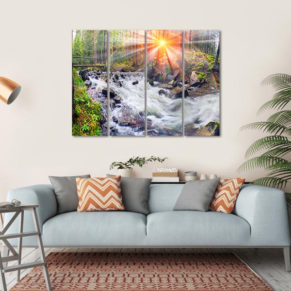 River At Sunrise In The Carpathian Forest Canvas Wall Art-4 Horizontal-Gallery Wrap-34" x 24"-Tiaracle