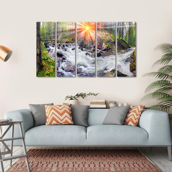 River At Sunrise In The Carpathian Forest Canvas Wall Art-5 Horizontal-Gallery Wrap-22" x 12"-Tiaracle
