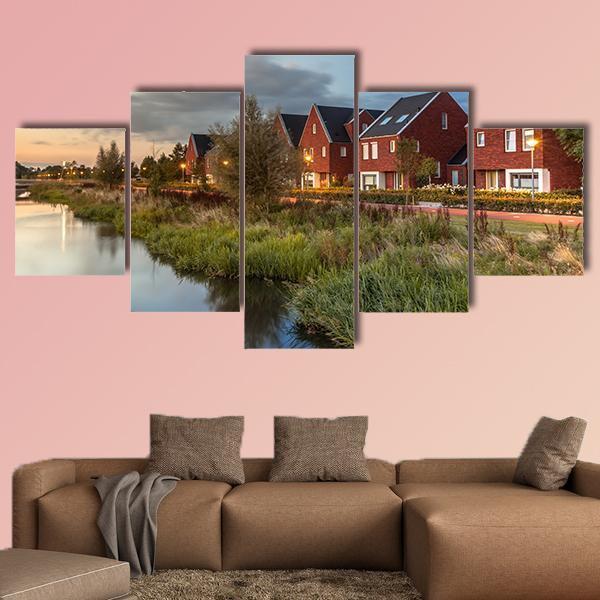River Bank In Veenendaal City Canvas Wall Art-5 Star-Gallery Wrap-62" x 32"-Tiaracle