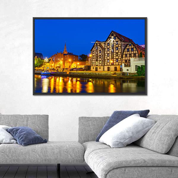 River Brda With Famous Granaries At Night Canvas Wall Art-3 Horizontal-Gallery Wrap-25" x 16"-Tiaracle