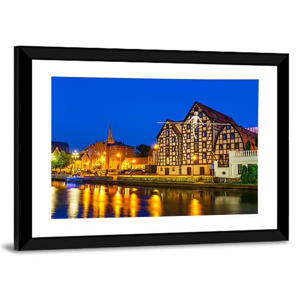 River Brda With Famous Granaries At Night Canvas Wall Art-3 Horizontal-Gallery Wrap-25" x 16"-Tiaracle