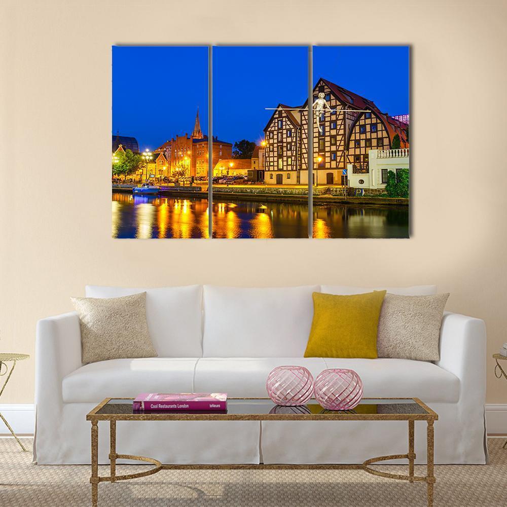 River Brda With Famous Granaries At Night Canvas Wall Art-3 Horizontal-Gallery Wrap-37" x 24"-Tiaracle