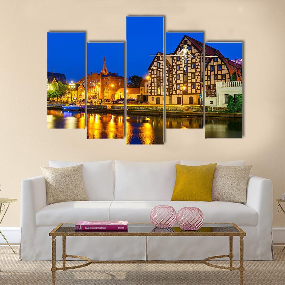 River Brda With Famous Granaries At Night Canvas Wall Art-5 Pop-Gallery Wrap-47" x 32"-Tiaracle