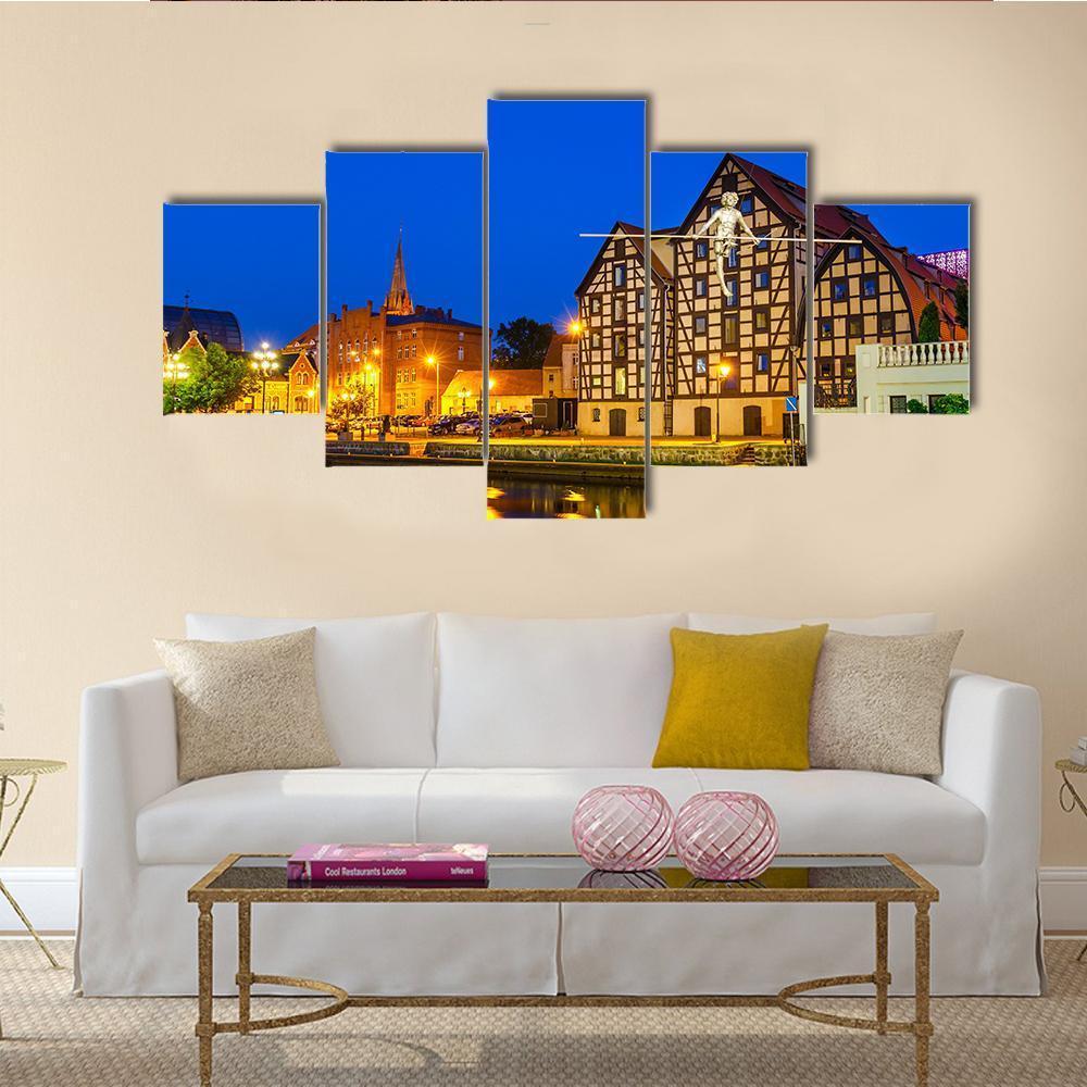 River Brda With Famous Granaries At Night Canvas Wall Art-5 Star-Gallery Wrap-62" x 32"-Tiaracle