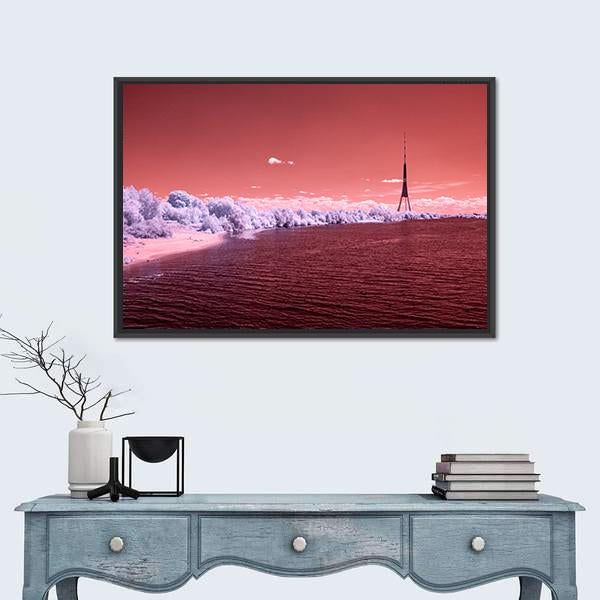 River Daugava In RIga With City Buildings Canvas Wall Art-1 Piece-Floating Frame-24" x 16"-Tiaracle