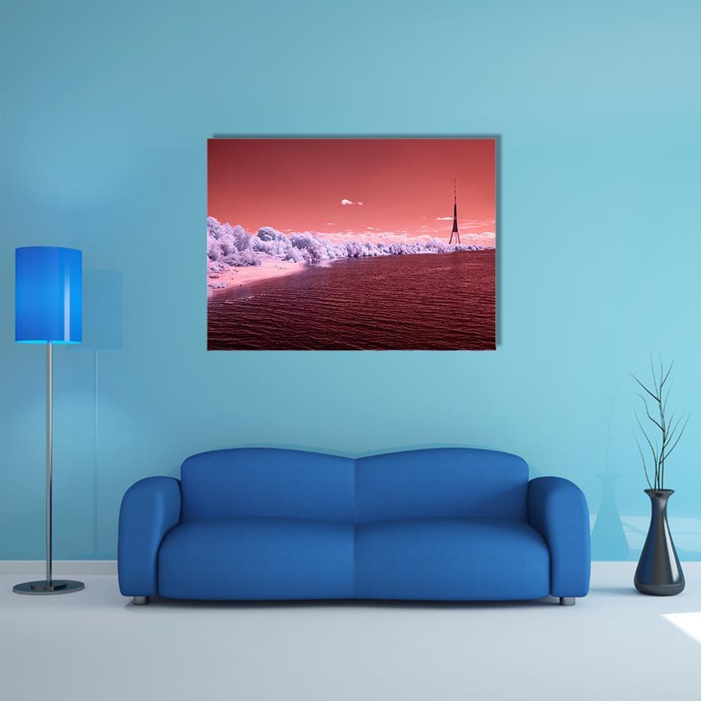 Surreal Red River with Tower Canvas Wall Art in white, red and pink, single panel hung on a wall