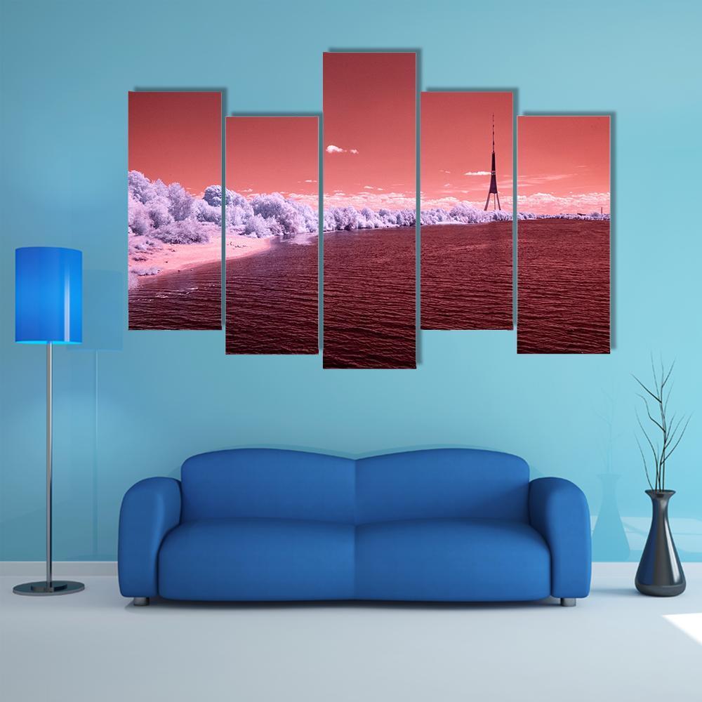 River Daugava In RIga With City Buildings Canvas Wall Art-5 Pop-Gallery Wrap-47" x 32"-Tiaracle