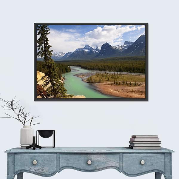 River Flowing At Foot Of Canadian Rockies Canvas Wall Art-1 Piece-Floating Frame-24" x 16"-Tiaracle