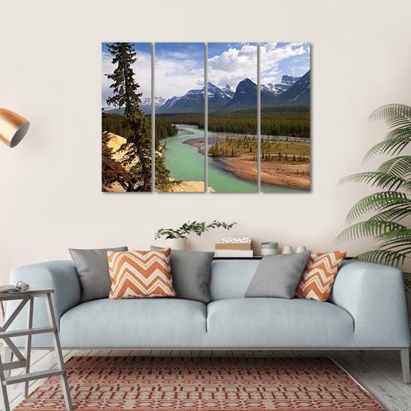 River Flowing At Foot Of Canadian Rockies Canvas Wall Art-4 Horizontal-Gallery Wrap-34" x 24"-Tiaracle