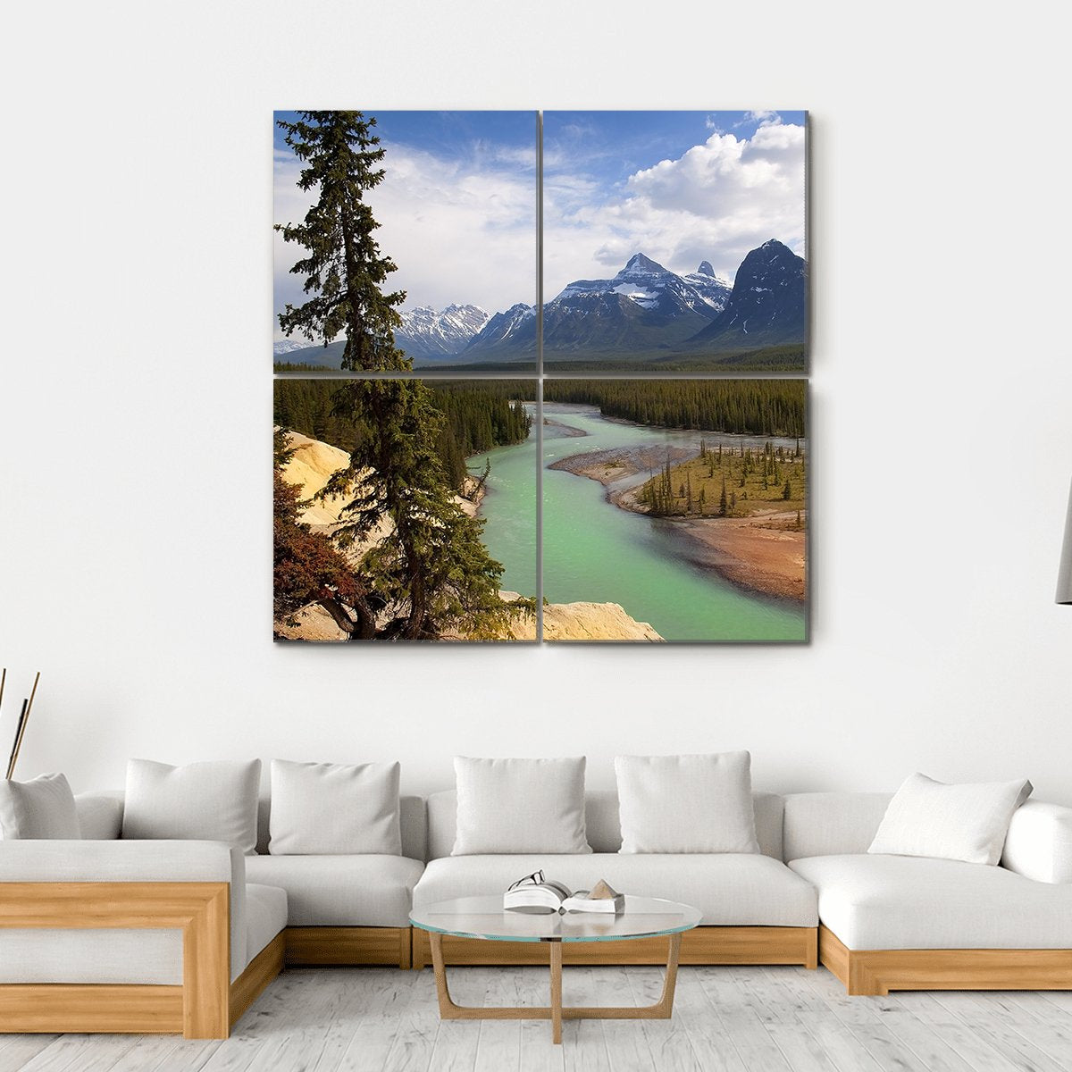 River Flowing At Foot Of Canadian Rockies Canvas Wall Art-4 Square-Gallery Wrap-17" x 17"-Tiaracle