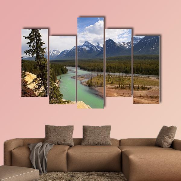 River Flowing At Foot Of Canadian Rockies Canvas Wall Art-5 Pop-Gallery Wrap-47" x 32"-Tiaracle