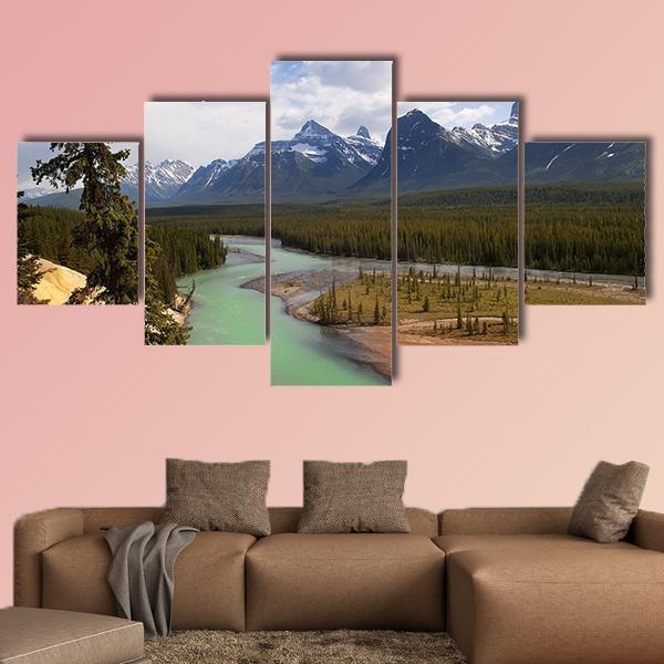 River Flowing At Foot Of Canadian Rockies Canvas Wall Art-4 Pop-Gallery Wrap-50" x 32"-Tiaracle