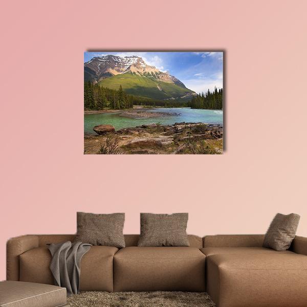 Glacier-fed River in the Canadian Rockies Canvas Wall Art in brown, green and blue, single panel hung on a wall