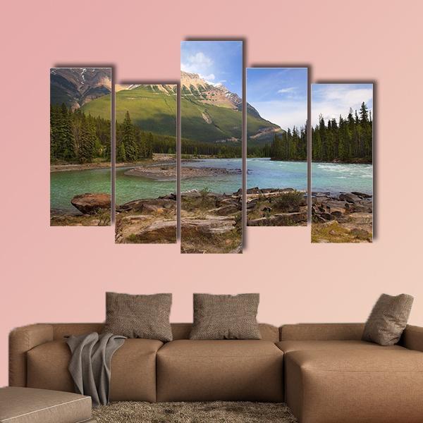River Flowing In Canadian Rockies Canvas Wall Art-5 Pop-Gallery Wrap-47" x 32"-Tiaracle