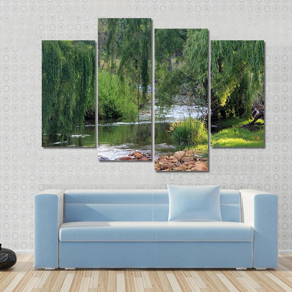River Flowing Past Willow Trees Canvas Wall Art-4 Pop-Gallery Wrap-50" x 32"-Tiaracle