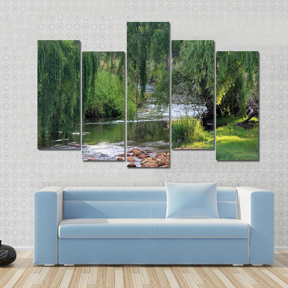 River Flowing Past Willow Trees Canvas Wall Art-5 Pop-Gallery Wrap-47" x 32"-Tiaracle