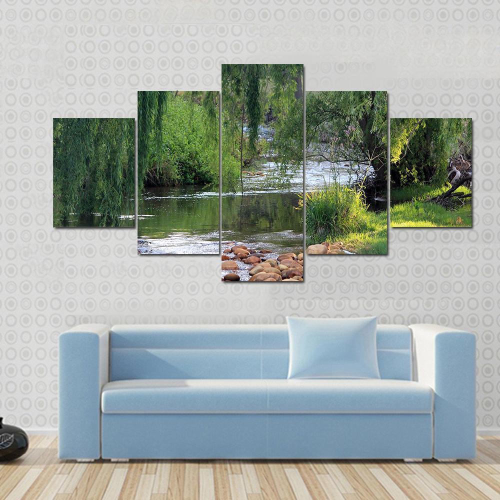 River Flowing Past Willow Trees Canvas Wall Art-5 Star-Gallery Wrap-62" x 32"-Tiaracle