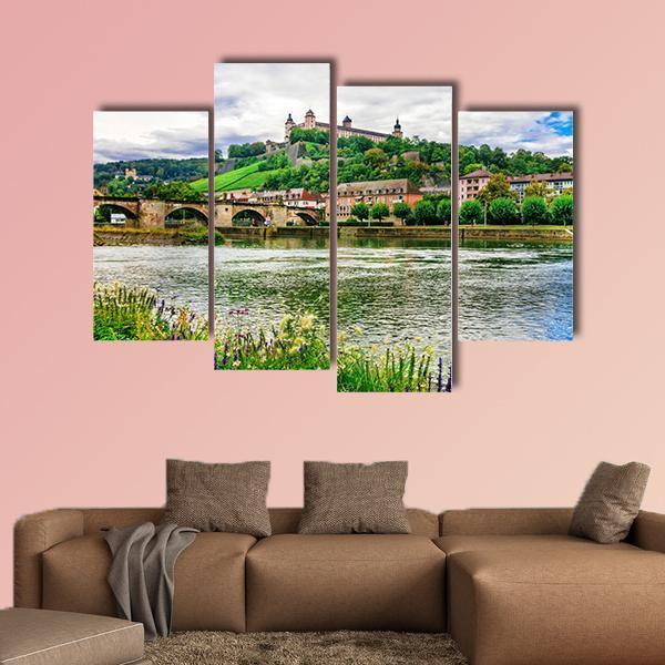 River Flows Near Wurzburg Town Germany Canvas Wall Art-4 Pop-Gallery Wrap-50" x 32"-Tiaracle