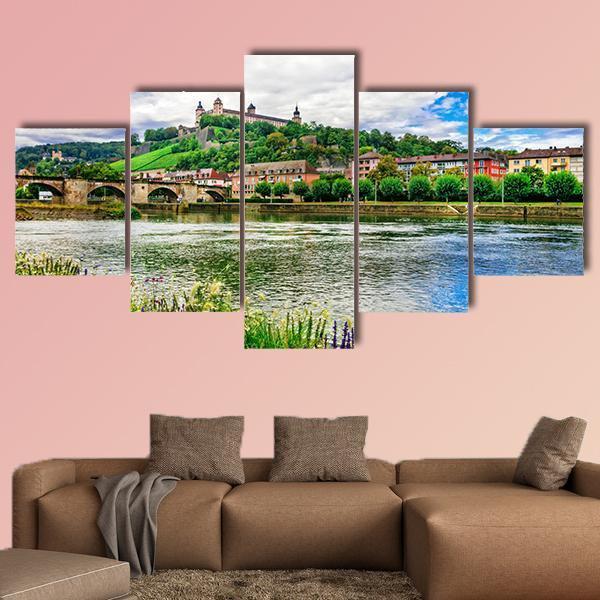 River Flows Near Wurzburg Town Germany Canvas Wall Art-5 Star-Gallery Wrap-62" x 32"-Tiaracle