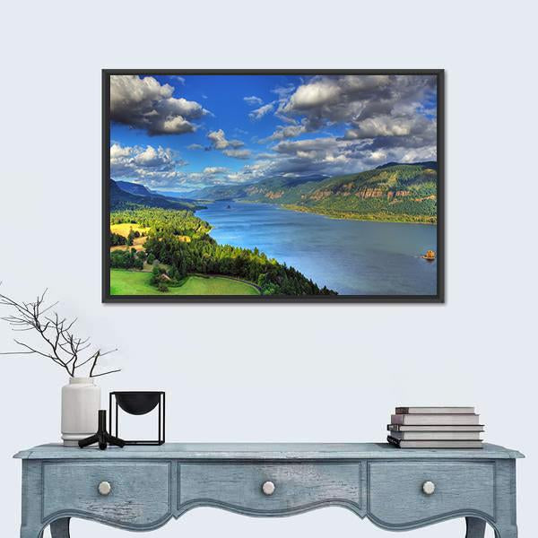 River Gorge Overlook Canvas Wall Art in green and blue, framed canvas, product view on a white background