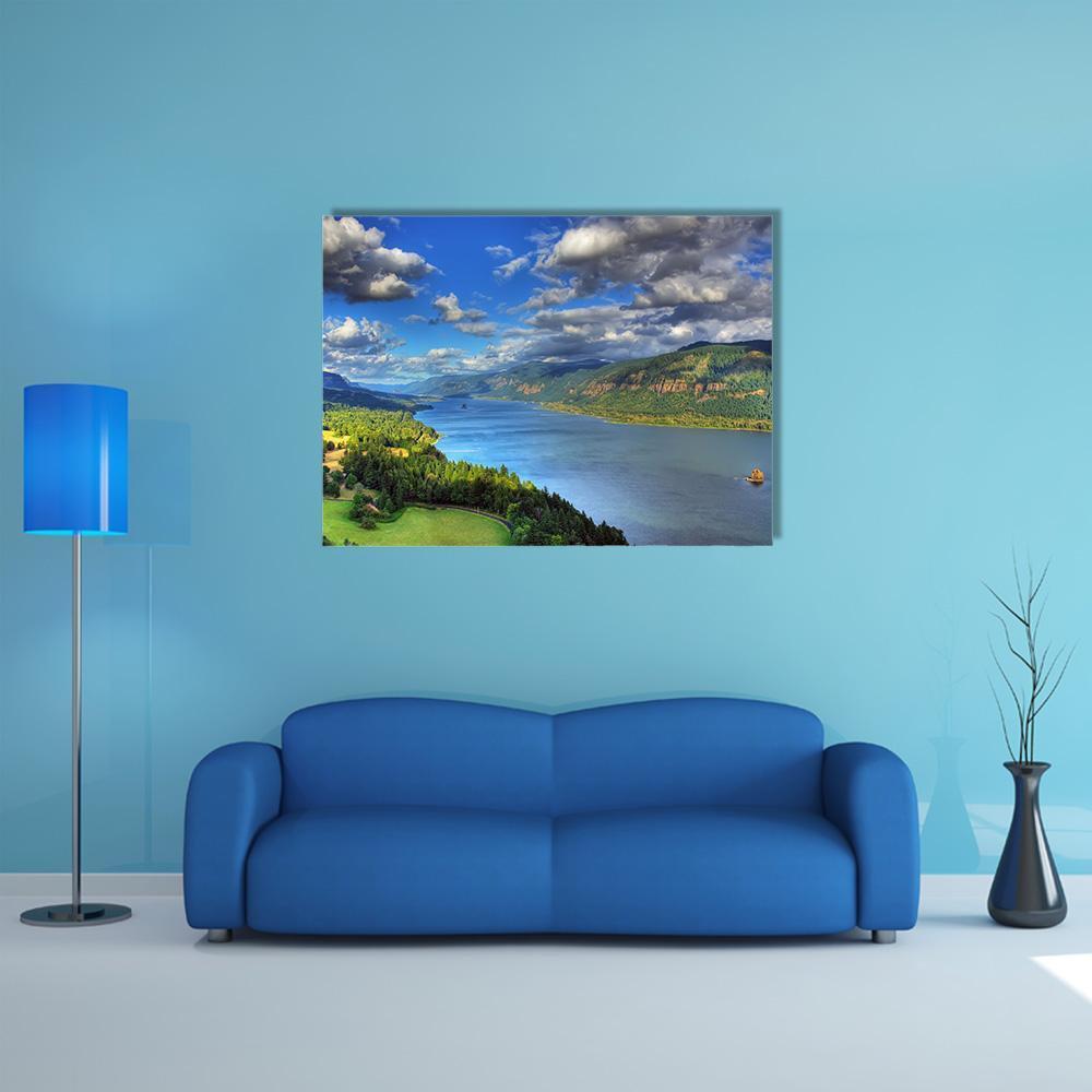 River Gorge Overlook Canvas Wall Art in green and blue, single panel hung on a wall
