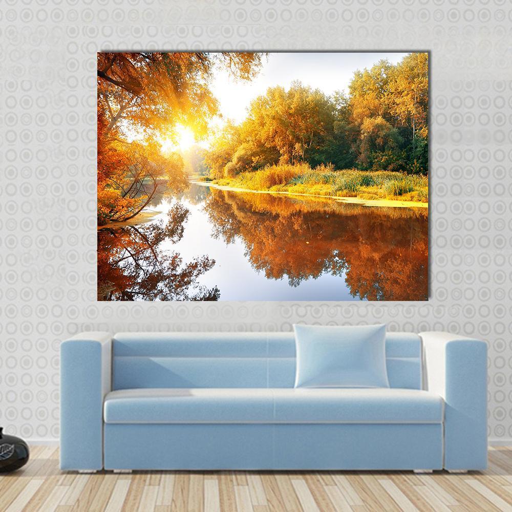 River In A Delightful Autumn Forest At Sunny Day Canvas Wall Art-1 Piece-Gallery Wrap-48" x 32"-Tiaracle