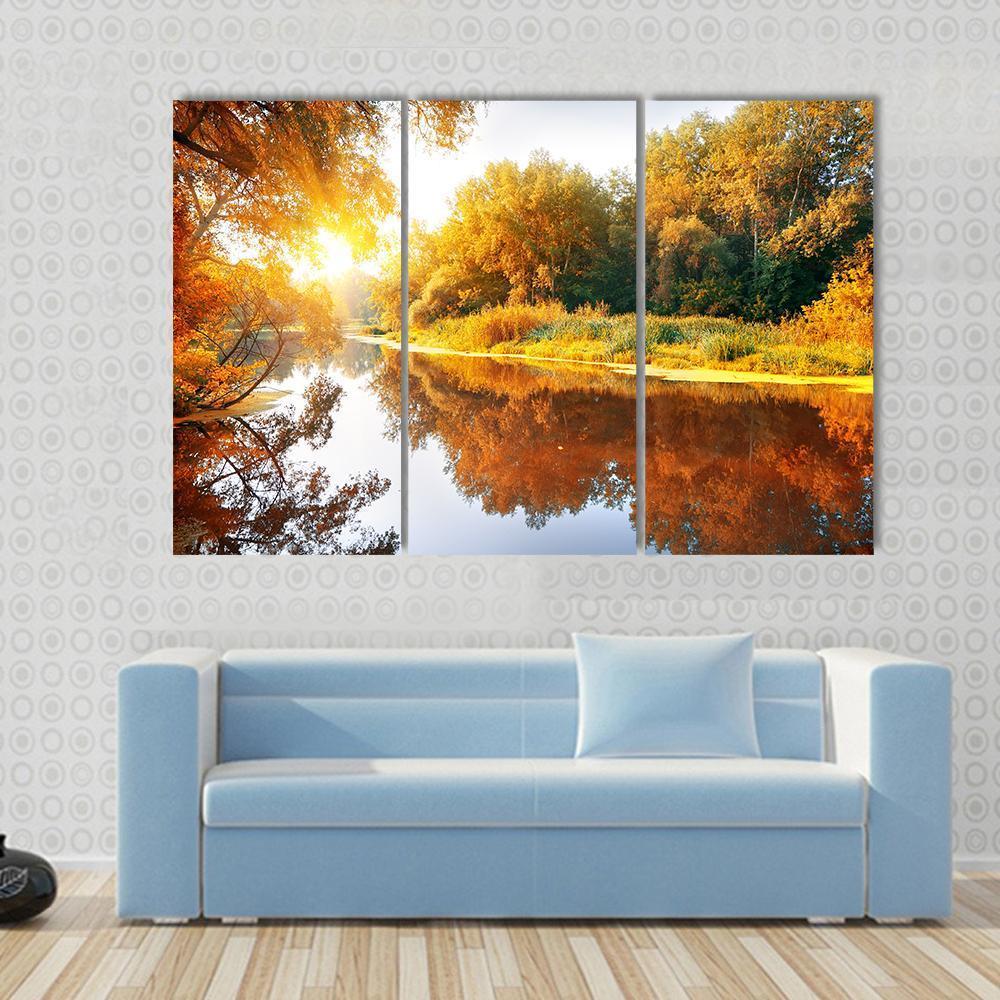 River In A Delightful Autumn Forest At Sunny Day Canvas Wall Art-4 Pop-Gallery Wrap-50" x 32"-Tiaracle