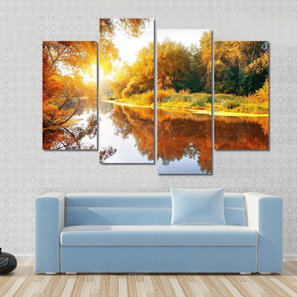 River In A Delightful Autumn Forest At Sunny Day Canvas Wall Art-4 Pop-Gallery Wrap-50" x 32"-Tiaracle