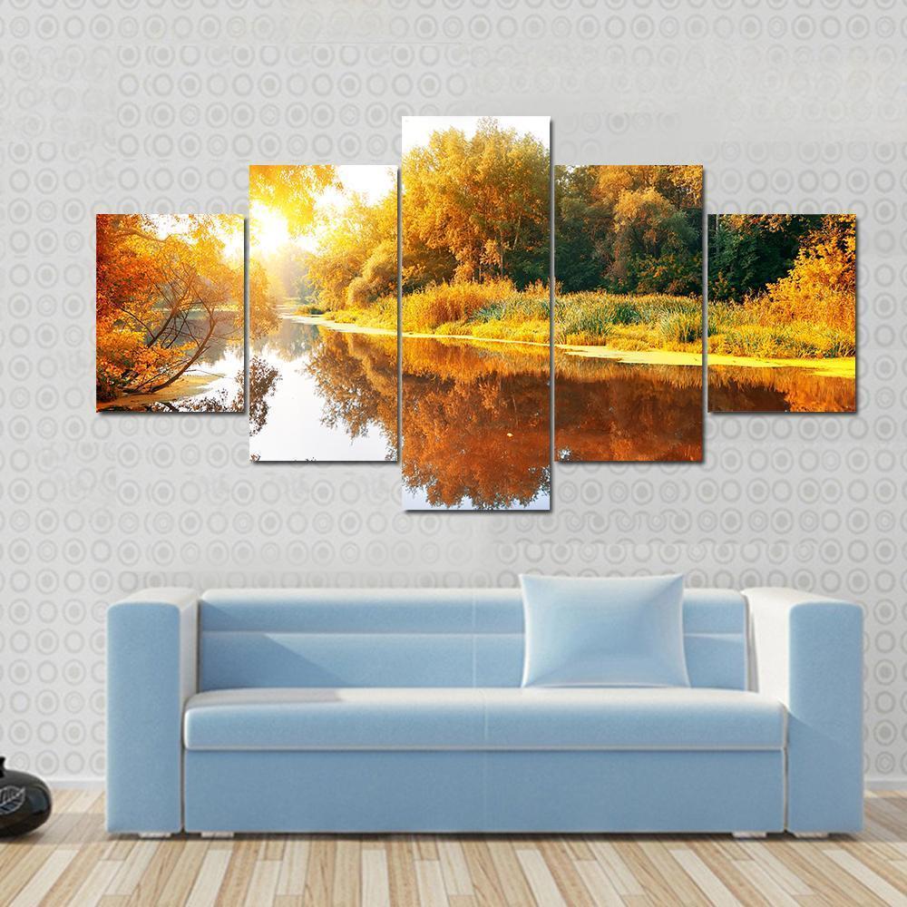 River In A Delightful Autumn Forest At Sunny Day Canvas Wall Art-5 Star-Gallery Wrap-62" x 32"-Tiaracle