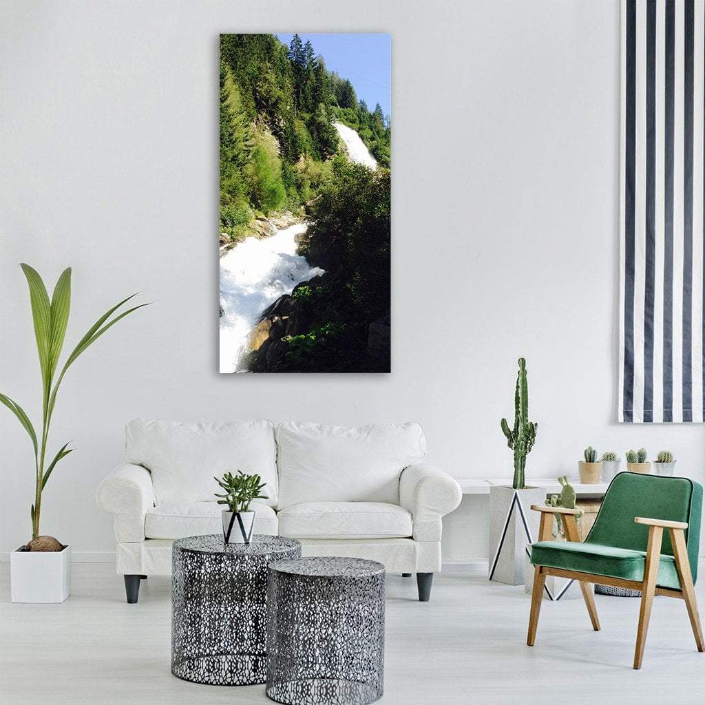 River in Tyrol, Austrian Alps Vertical Canvas Wall Art in white, green and blue, single vertical panel hung on a wall