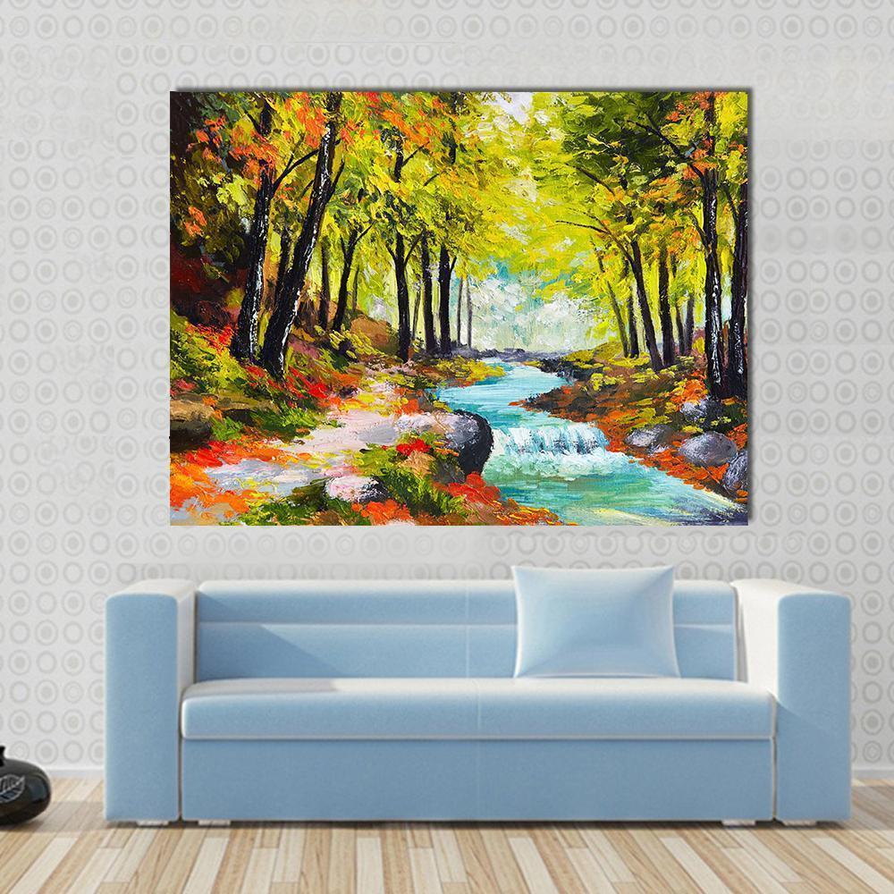 River In Autumn Forest Canvas Wall Art-1 Piece-Gallery Wrap-36" x 24"-Tiaracle