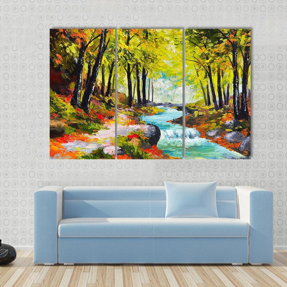River In Autumn Forest Canvas Wall Art-4 Pop-Gallery Wrap-50" x 32"-Tiaracle