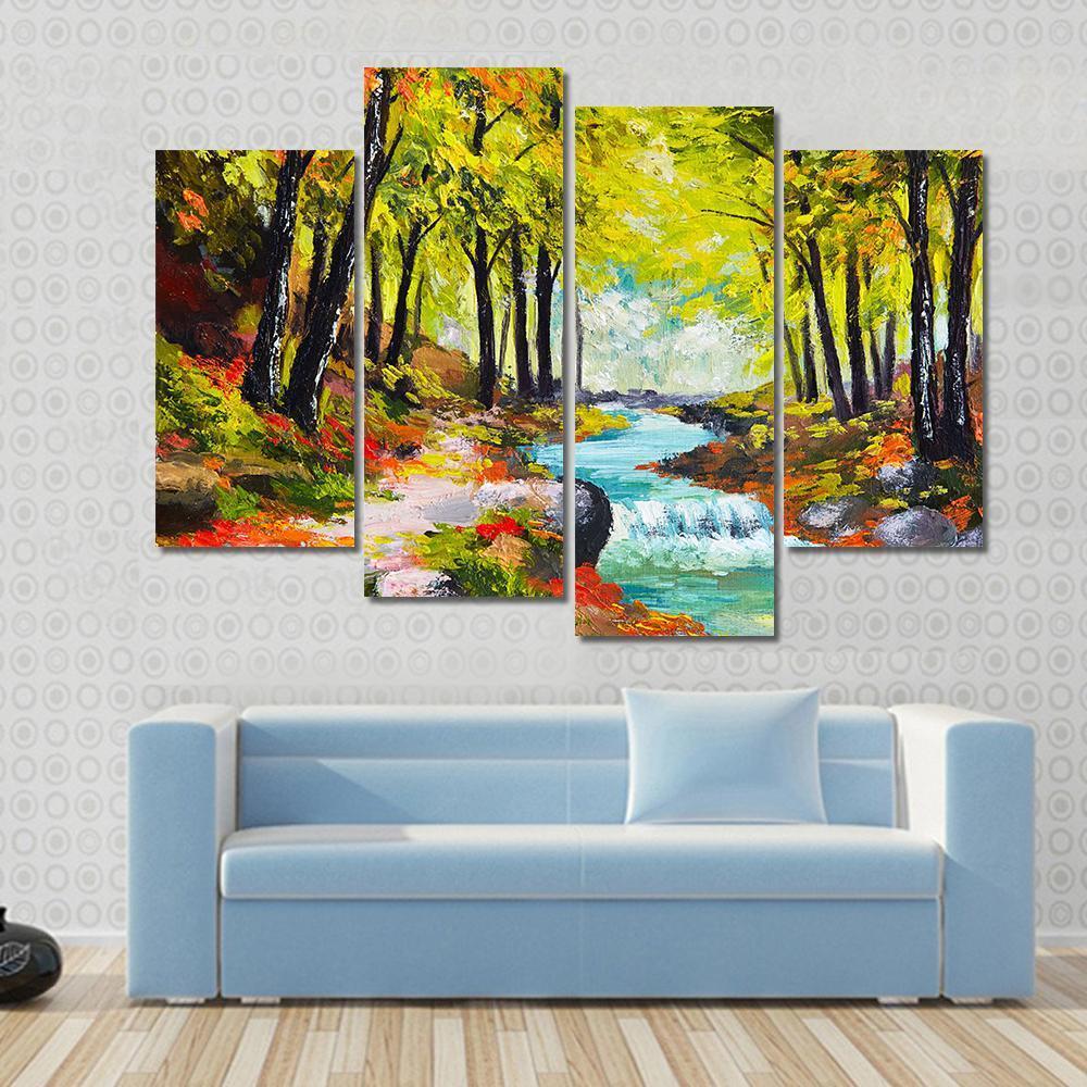 River In Autumn Forest Canvas Wall Art-4 Pop-Gallery Wrap-50" x 32"-Tiaracle