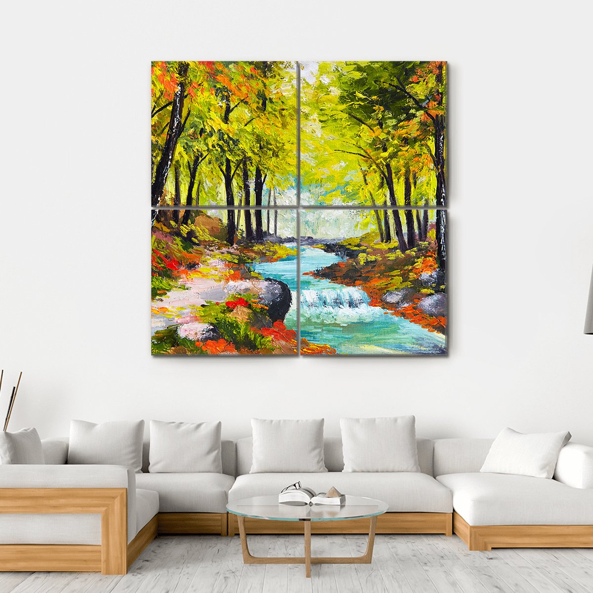 River In Autumn Forest Canvas Wall Art-4 Square-Gallery Wrap-17" x 17"-Tiaracle