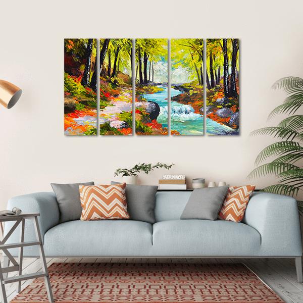 River In Autumn Forest Canvas Wall Art-5 Horizontal-Gallery Wrap-22" x 12"-Tiaracle