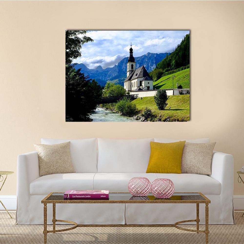 River in Berchtesgaden Canvas Wall Art in white, green and blue, single panel hung on a wall