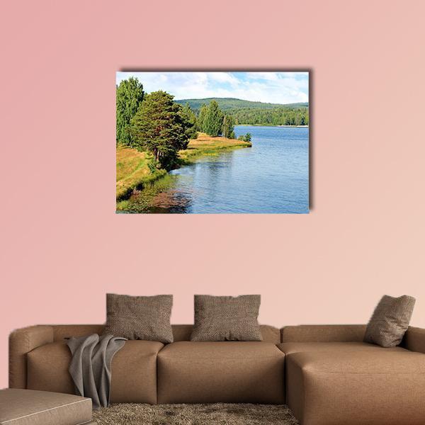 Swedish River on a Summer Day Canvas Wall Art in green and blue, single panel hung on a wall