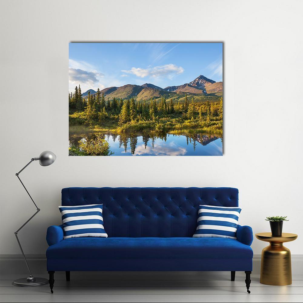 River in Alaskan Tundra Canvas Wall Art in brown, green and blue, single panel hung on a wall