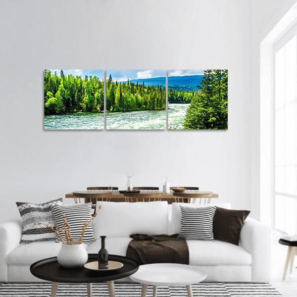 Wells Gray River with Rapids Panoramic Canvas Wall Art in white, green and blue, hung on a wall