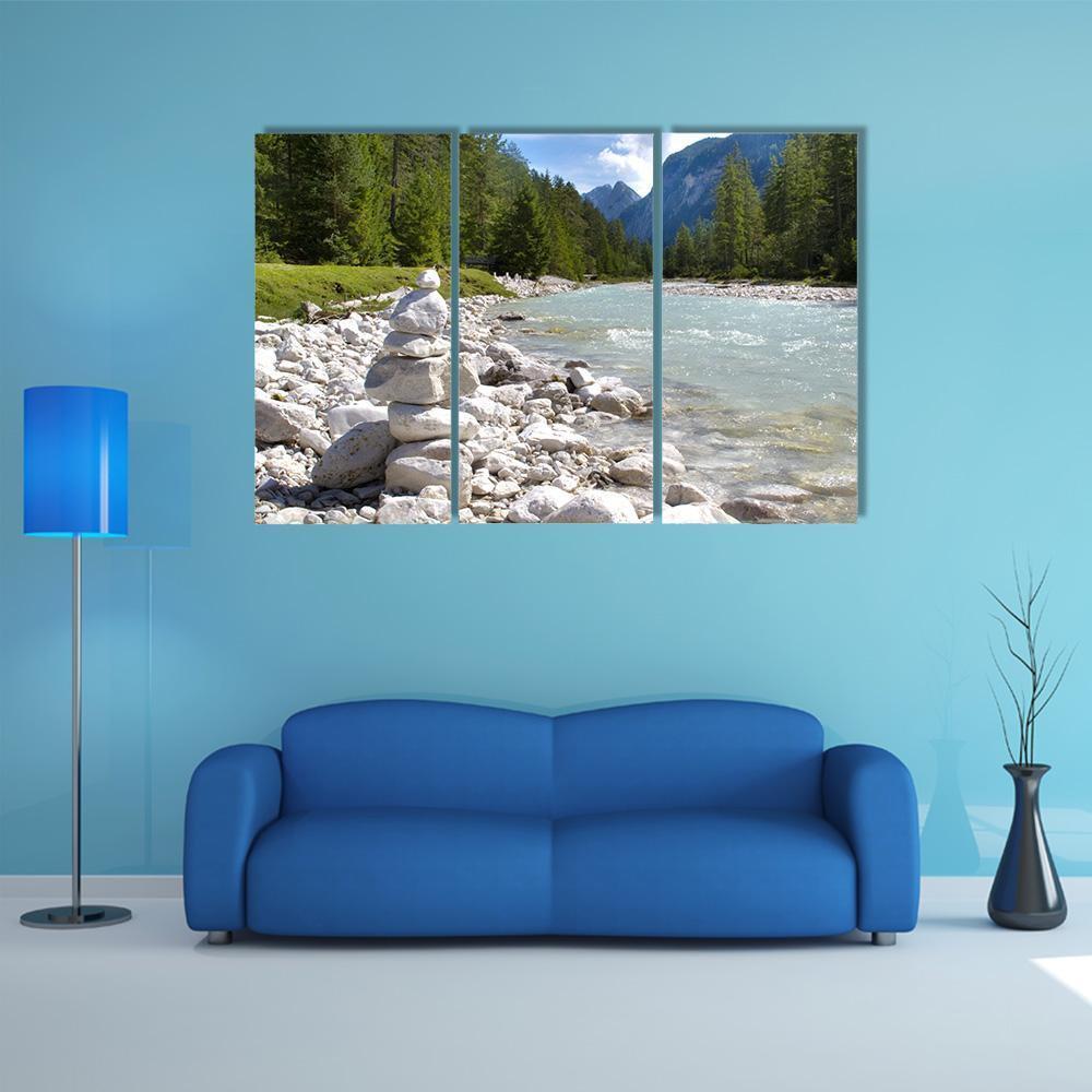 River Isar At Alps Mountains Canvas Wall Art-3 Horizontal-Gallery Wrap-37" x 24"-Tiaracle